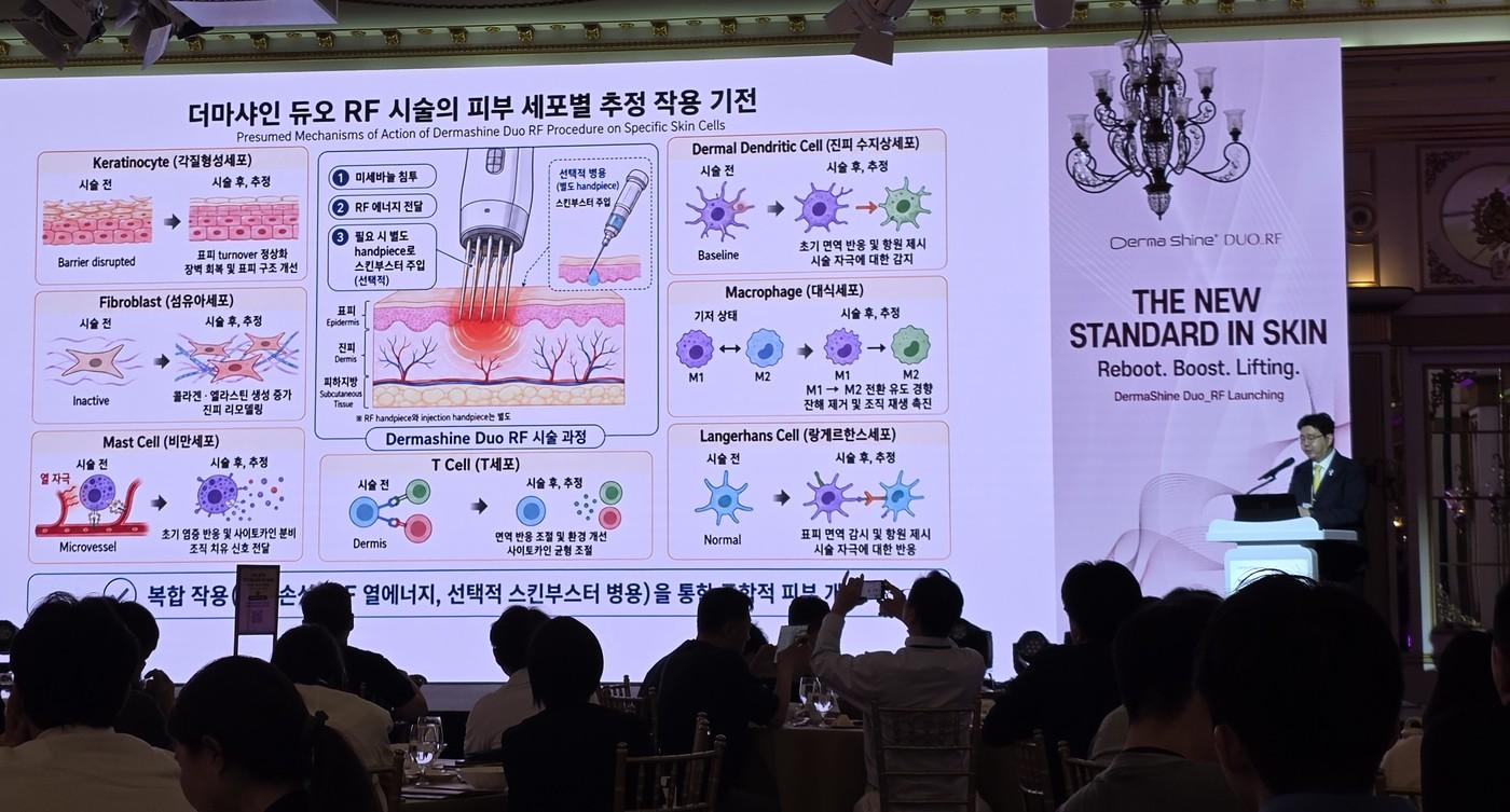 본문 이미지 - 지난 13일 '더마샤인 듀오RF' 출시 심포지엄에서 중앙대학교병원 피부과 김범준 교수가 강연을 진행하고 있다. (휴온스글로벌 제공) 