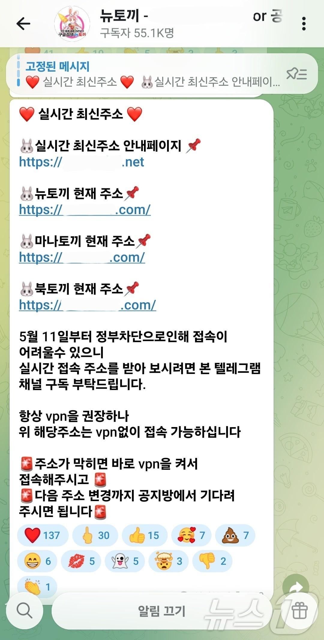 본문 이미지 - 국내 최대 규모의 불법 웹툰·웹소설 유통 사이트 '뉴토끼' 자진 폐쇄 후 텔레그램 채널을 통해 유포되고 있는 뉴토끼·북토끼·마나토끼 최신 접속 주소와 안내글.(텔레그램 갈무리)2026.06.15.ⓒ 뉴스1
