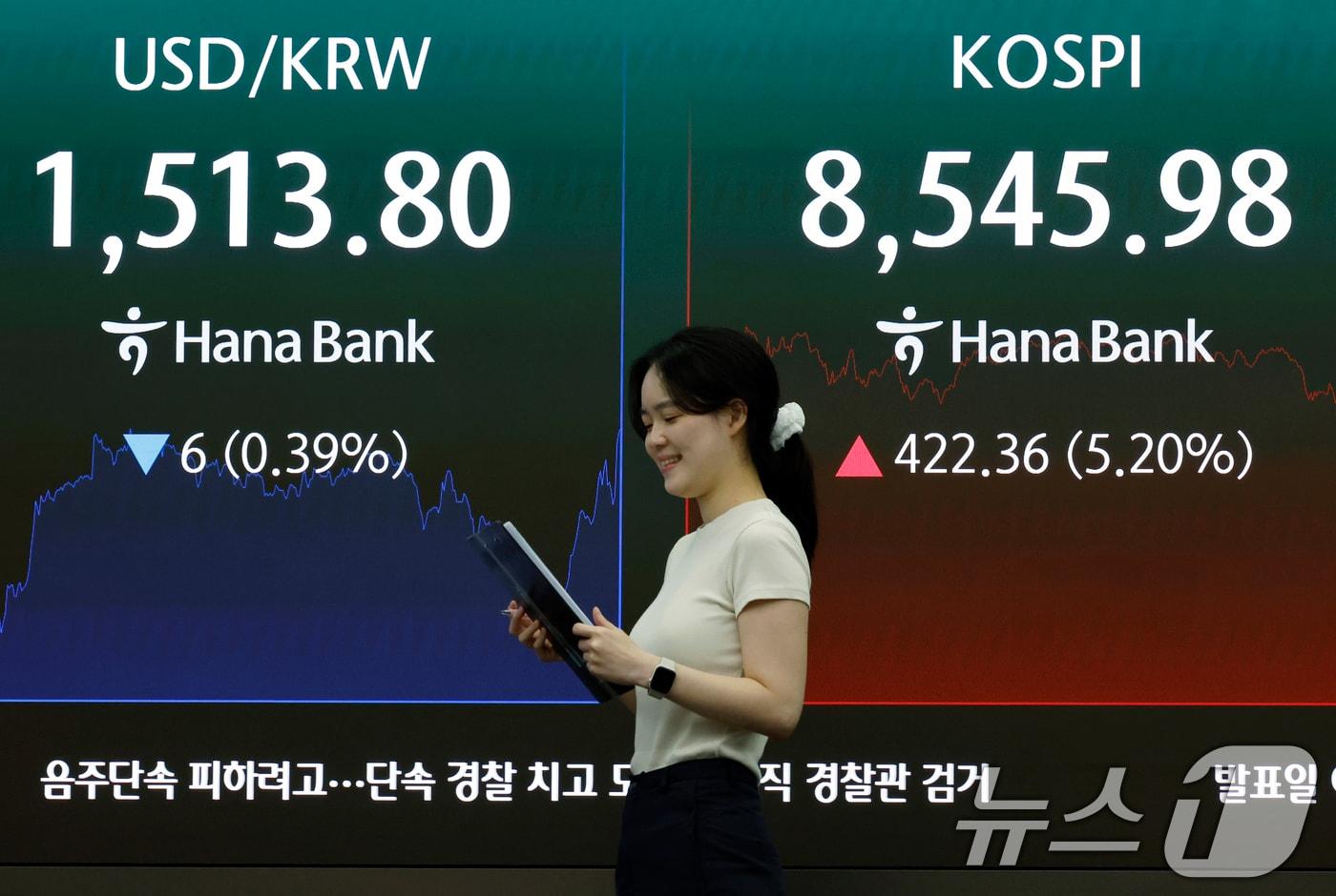 본문 이미지 - 미국과 이란의 중동 전쟁 종전 양해각서(MOU) 합의 소식이 전해진 15일 서울시 중구 하나은행 딜링룸 전광판에 코스피 등 종가가 표시되고 있다. 이날 코스피는 전 거래일 대비 422.36p(5.20%) 오른 8545.98, 코스닥은 4.98포인트(p)(0.48%) 오른 1034.03, 서울외환시장에서 달러·원 환율은 전일 오후 3시 30분 주간종가 보다 8.7원 내린 1511.1원을 기록했다. 2026.6.15 ⓒ 뉴스1 박정호 기자