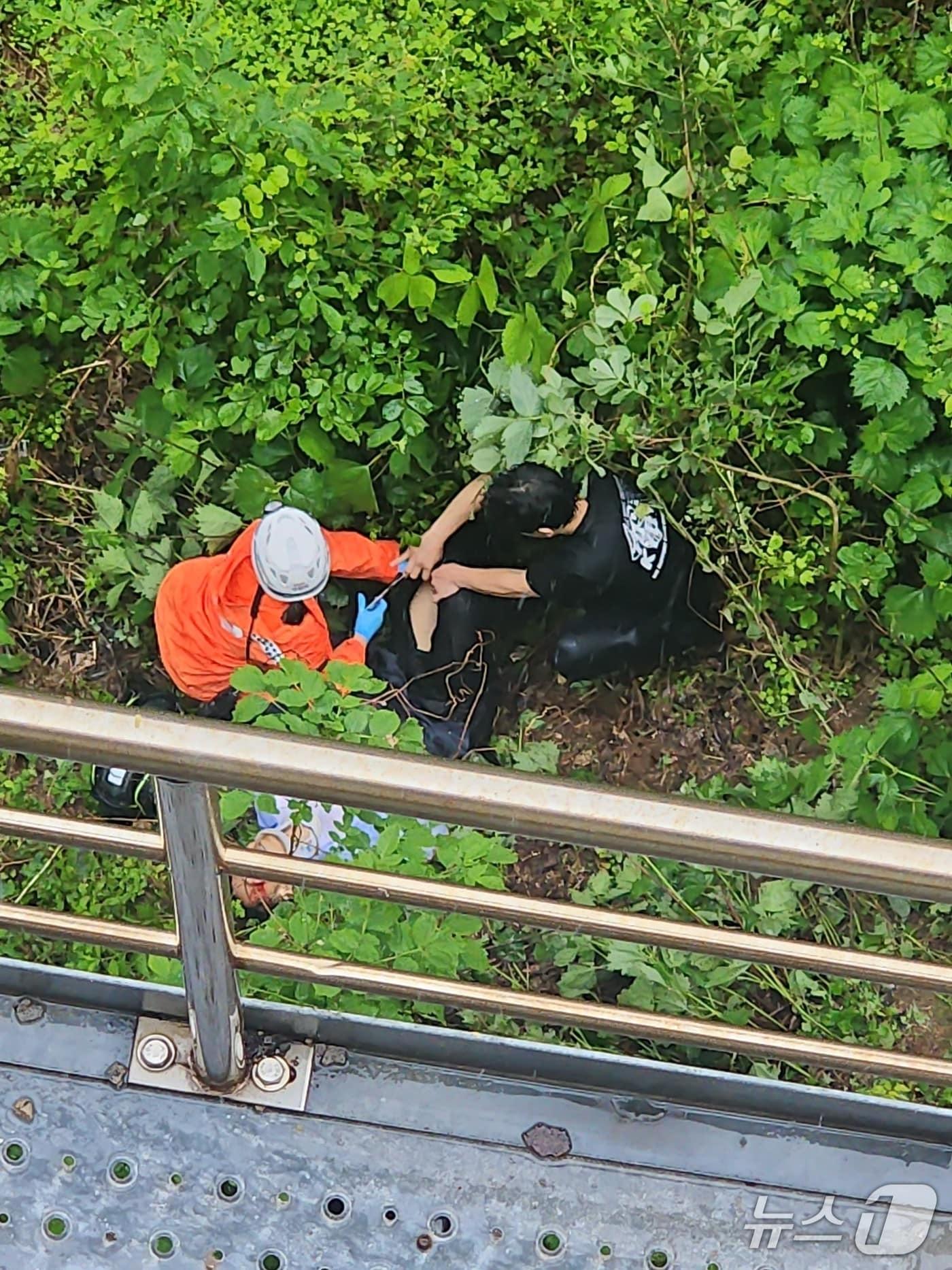 본문 이미지 - 지난 5월 27일 경북 문경시 마원리 중부내륙고속도로 마원2교 인근에서 발생한 5중 추돌사고 현장. 양천소방서 구조대 소속 김승우 소방장(오른쪽·검은색 상의)이 교량 아래 비탈면으로 추락한 운전자 김모(50대)씨의 상태를 확인하고 있다. (양천소방서 제공)