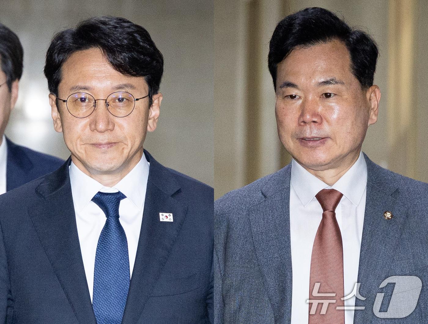 본문 이미지 - 더불어민주당 천준호(왼쪽), 국민의힘 김승수 원내운영수석부대표가 16일 서울 여의도 국회에서 각각 여야 원내수석 회동을 위해 운영위원장실로 향하고 있다. 2026.6.16 ⓒ 뉴스1 유승관 기자