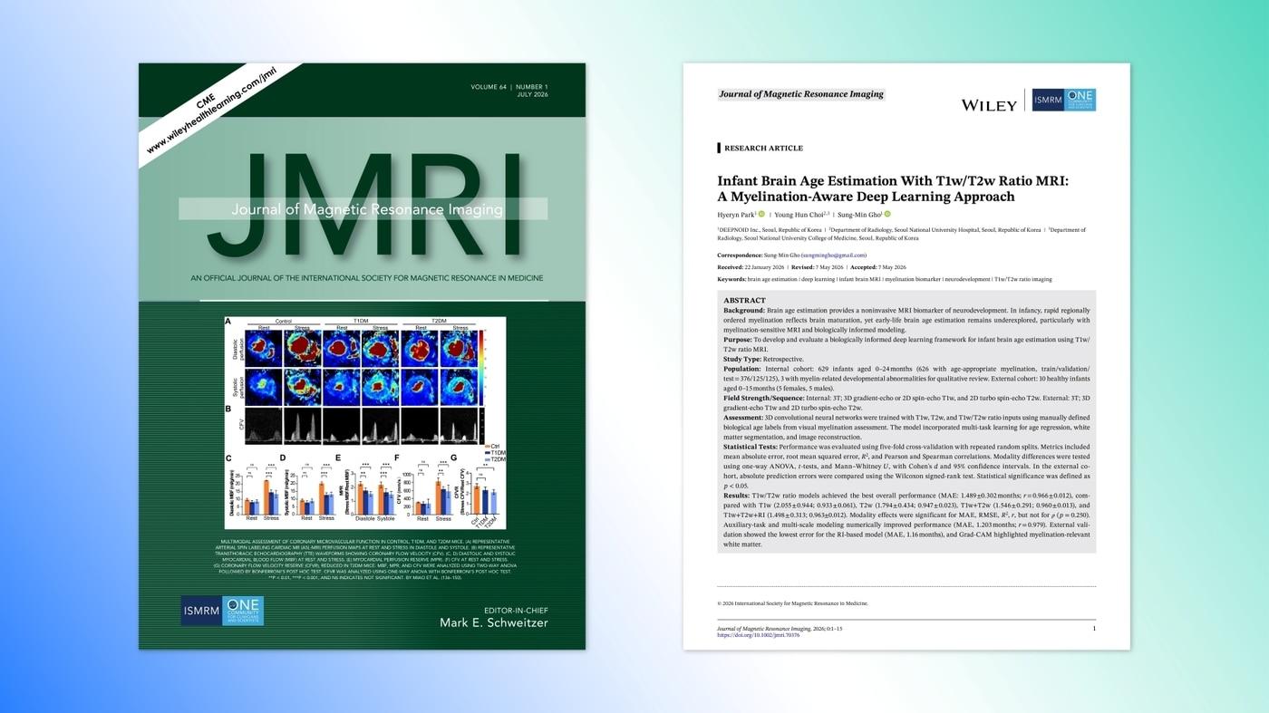 본문 이미지 - (왼쪽부터)국제 학술지 'Journal of Magnetic Resonance Imaging'과 등재 논문. (딥노이드 제공)