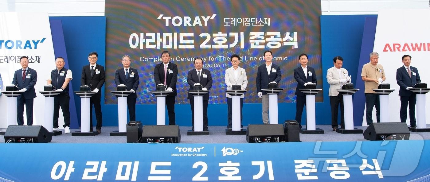본문 이미지 - 도레이 첨단소재가 16일 경북 구미 1공장에 연산 3000톤 규모의 메타 아라미드 섬유 2호기를 준공했다.(구미시 제공. 재판매 및 DB금지) ⓒ 뉴스1 정우용 기자