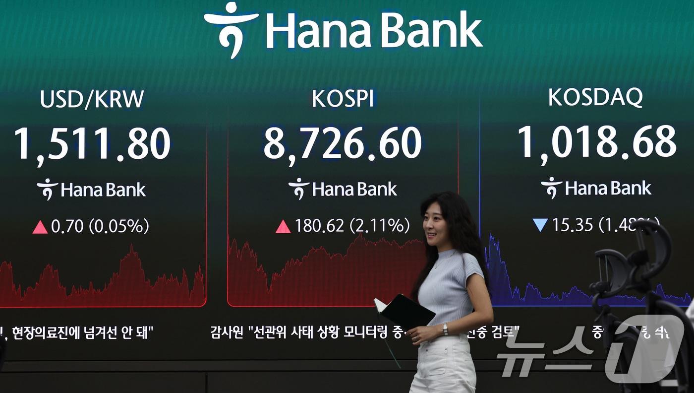 본문 이미지 - 16일 서울 중구 하나은행 딜링룸 전광판에 코스피 등 종가가 표시되고 있다. 2026.6.16 ⓒ 뉴스1 구윤성 기자