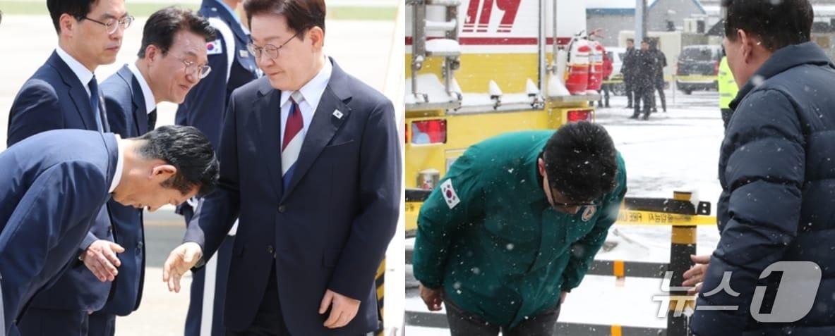 본문 이미지 - 주요 7개국(G7) 정상회의 일정을 마친 이재명 대통령이 18일 경기 성남 서울공항에 도착해 정청래 더불어민주당 대표로 인사를 받고 있다. 오른쪽은 2024년 1월 23일 동훈 국민의힘 비상대책위원장이 충남 서천 특화시장 화재 현장을 방문한 윤석열 대통령에게 폴더 인사하는 모습. ⓒ 뉴스1 허경 기자· 김기태 기자  