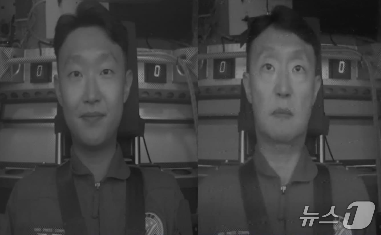 본문 이미지 - 지난 17일 충북 청주 공군 항공우주의학훈련센터에서 진행한 가속도 내성 훈련을 받을 당시 모습. 왼쪽은 훈련 시작 직전, 오른쪽은 중력의 6배(6G)에 도달했을 때 나타난 표정 변화. 6G를 버티는 20초는 생애에서 가장 긴 20초였다. 2026. 6.17./ⓒ 뉴스1(공군 제공)