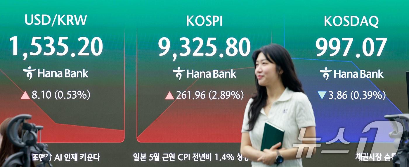 본문 이미지 - 19일 오전 서울 중구 하나은행 본점 딜링룸 전광판에 코스피·코스닥 지수, 달러·원 환율 개장 후 시황이 나오고 있다. 2026.6.19 ⓒ 뉴스1 안은나 기자