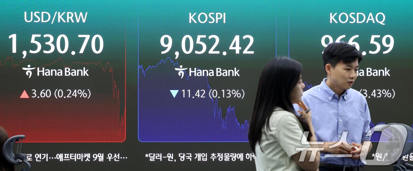 본문 이미지 - 코스피 지수가 장중 최고치를 경신한 후 하락 마감한 19일 서울 중구 하나은행 본점 딜링룸 전광판에 종가가 나오고 있다. 2026.6.19 ⓒ 뉴스1 김성진 기자