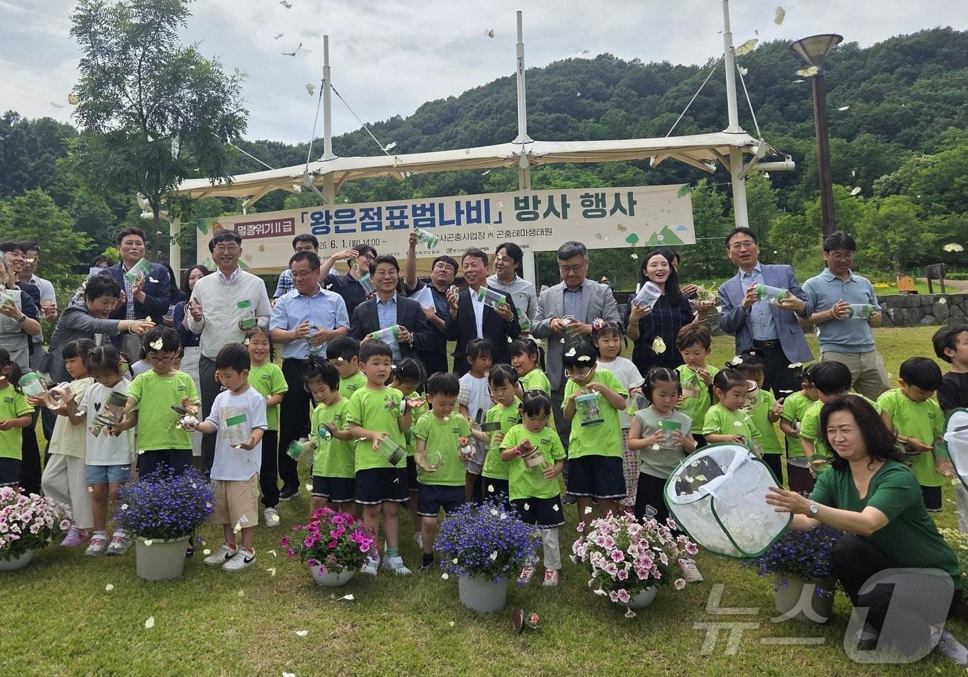 본문 이미지 - 경북도 잠사곤충사업장은 2일 상주시 함창읍 곤충테마생태원에서 멸종위기 야생생물 Ⅱ급인 왕은점표범나비 방사 행사를 열었다. ⓒ 뉴스1 김대벽기자