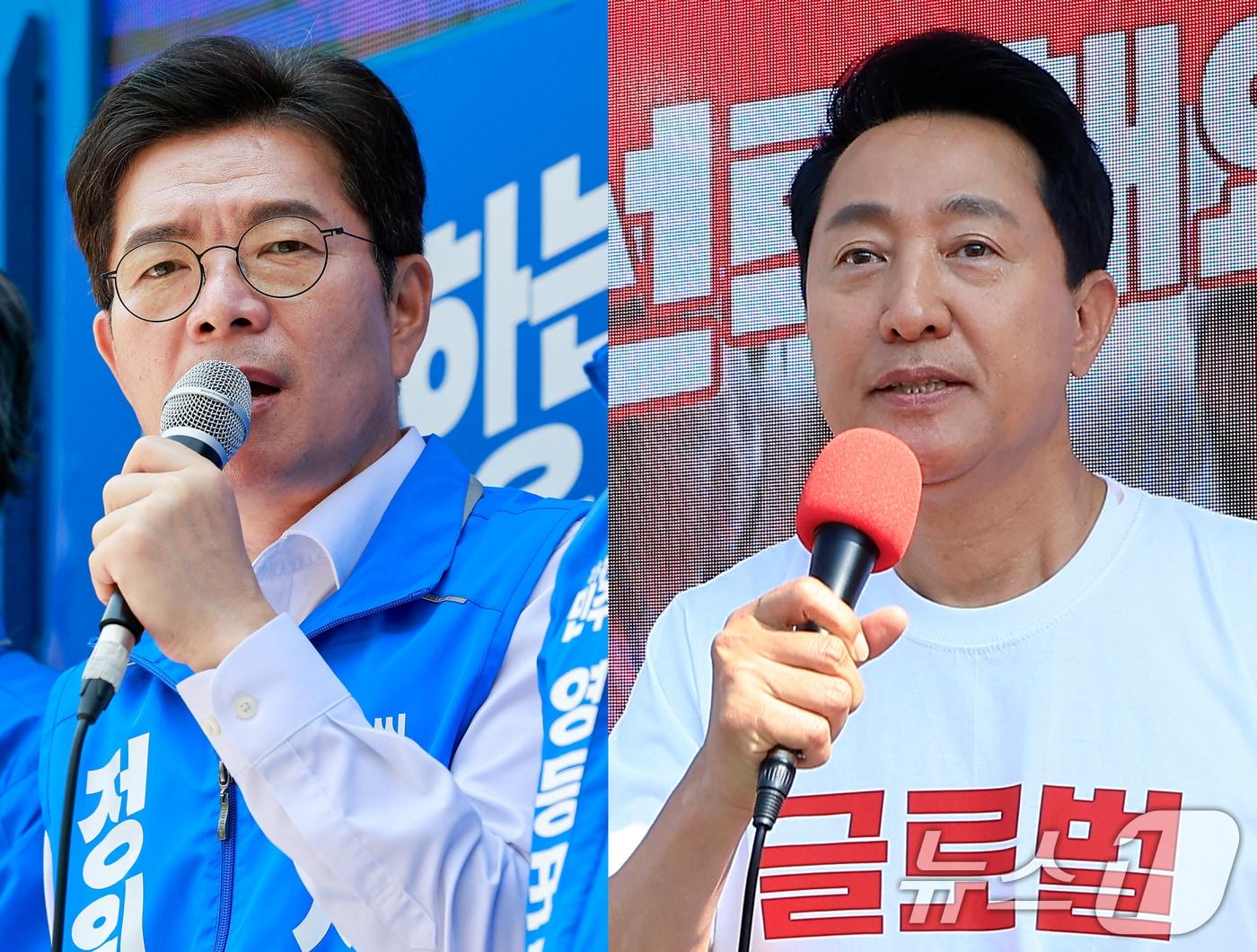 본문 이미지 - 정원오 더불어민주당(왼쪽), 오세훈 국민의힘 서울시장 후보가 6·3지방선거를 하루 앞둔 2일 각각 서울 영등포구, 용산구 일대에서 시민들에게 지지를 호소하고 있다. 2026.6.2 ⓒ 뉴스1 안은나 기자,박정호 기자