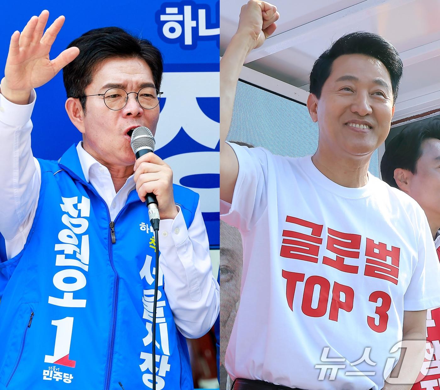 본문 이미지 - 정원오 더불어민주당(왼쪽), 오세훈 국민의힘 서울시장 후보가 6·3지방선거를 하루 앞둔 2일 각각 서울 영등포구, 용산구 일대에서 시민들에게 지지를 호소하고 있다. 2026.6.2 ⓒ 뉴스1 안은나 기자,박정호 기자