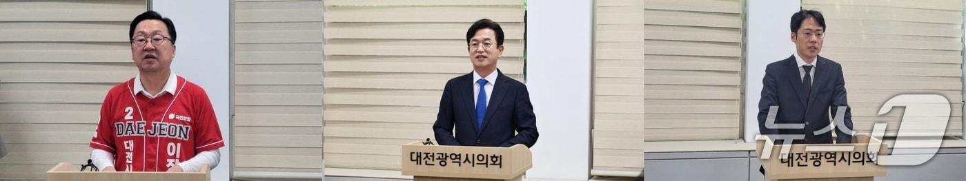 본문 이미지 - 대전시장 여야 후보들이 본투표를 하루 앞둔 2일 시의회 기자실에서 지지를 호소하고 있다. (왼쪽부터) 국민의힘 이장우, 더불어민주당 허태정, 개혁신당 강희린 후보 (박종명 기자) / 뉴스1