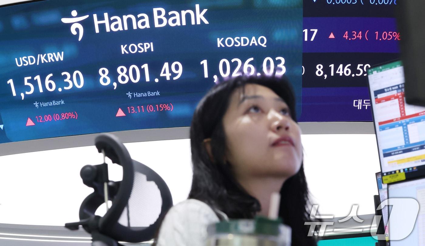 본문 이미지 - 코스피 지수가 8800선을 돌파하며 최고치를 경신한 2일 서울 중구 하나은행 본점 딜링룸 전광판에 종가가 나오고 있다. 2026.6.2 ⓒ 뉴스1 김성진 기자