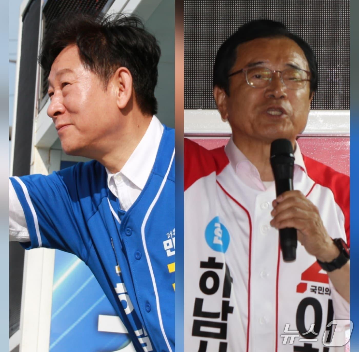 본문 이미지 - 6·3 전국동시지방선거 공식 선거운동 마지막 날인 2일 경기 하남시장 선거에 출마한 강병덕 더불어민주당 후보와 이현재 국민의힘 후보가 유세를 하고 있다.(각 캠프 제공. 재판매 및 DB 금지)/뉴스1