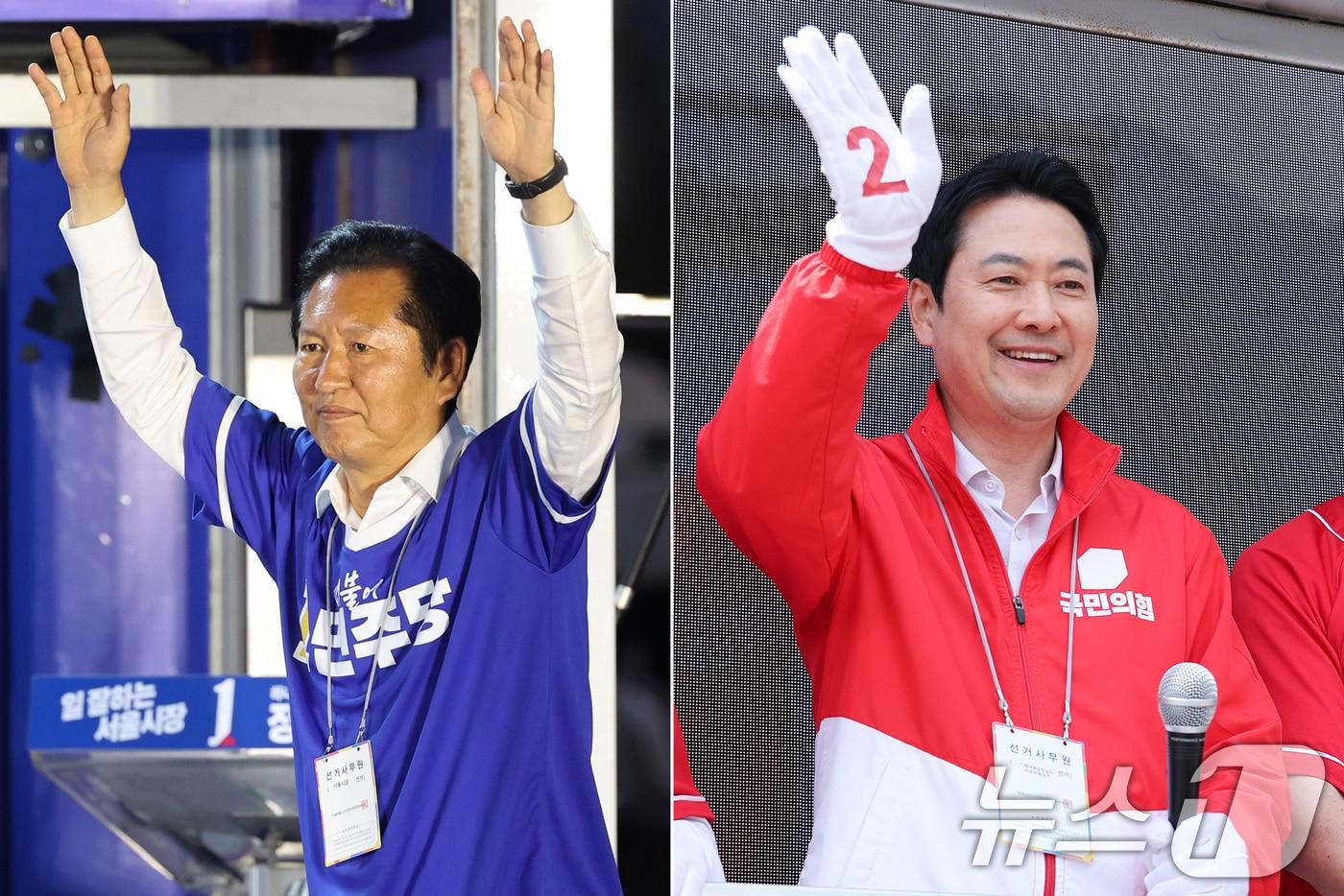 본문 이미지 - 정청래 더불어민주당 대표와 장동혁 국민의힘 대표가 2일 서울 청계광장과 충남 청양재래시장에서 각각 시민들에게 지지를 호소하고 있다. 2026.6.2 ⓒ 뉴스1 신웅수 기자, 황기선 기자