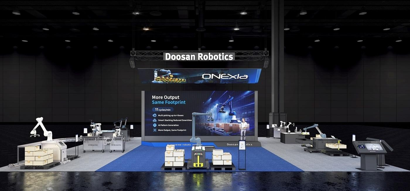 본문 이미지 - 현지시각 22일부터 25일까지 미국 시카고에서 열리는 '오토메이트(Automate) 2026'에 참가하는 두산로보틱스 부스 랜더링 이미지. *두산로보틱스 제공)