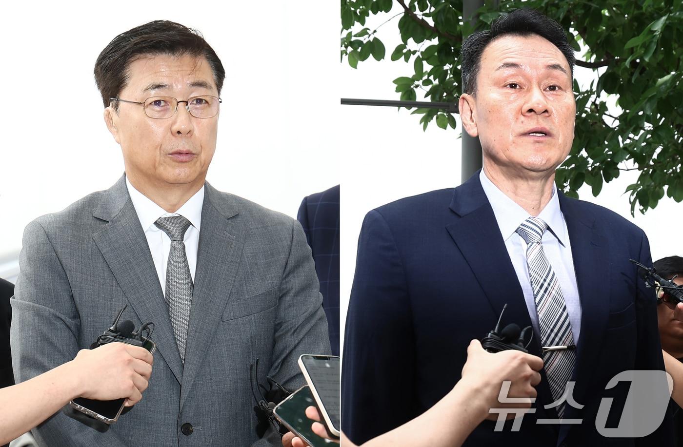 본문 이미지 - 홍장원 전 국가정보원 1차장(왼쪽)과 김명수 전 합동참모본부 의장이 22일 각각 피의자 조사를 받기 위해 경기 과천 2차 종합특검 사무실로 출석하며 취재진 질의에 답변하고 있다. 2026.6.22 ⓒ 뉴스1 김민지 기자