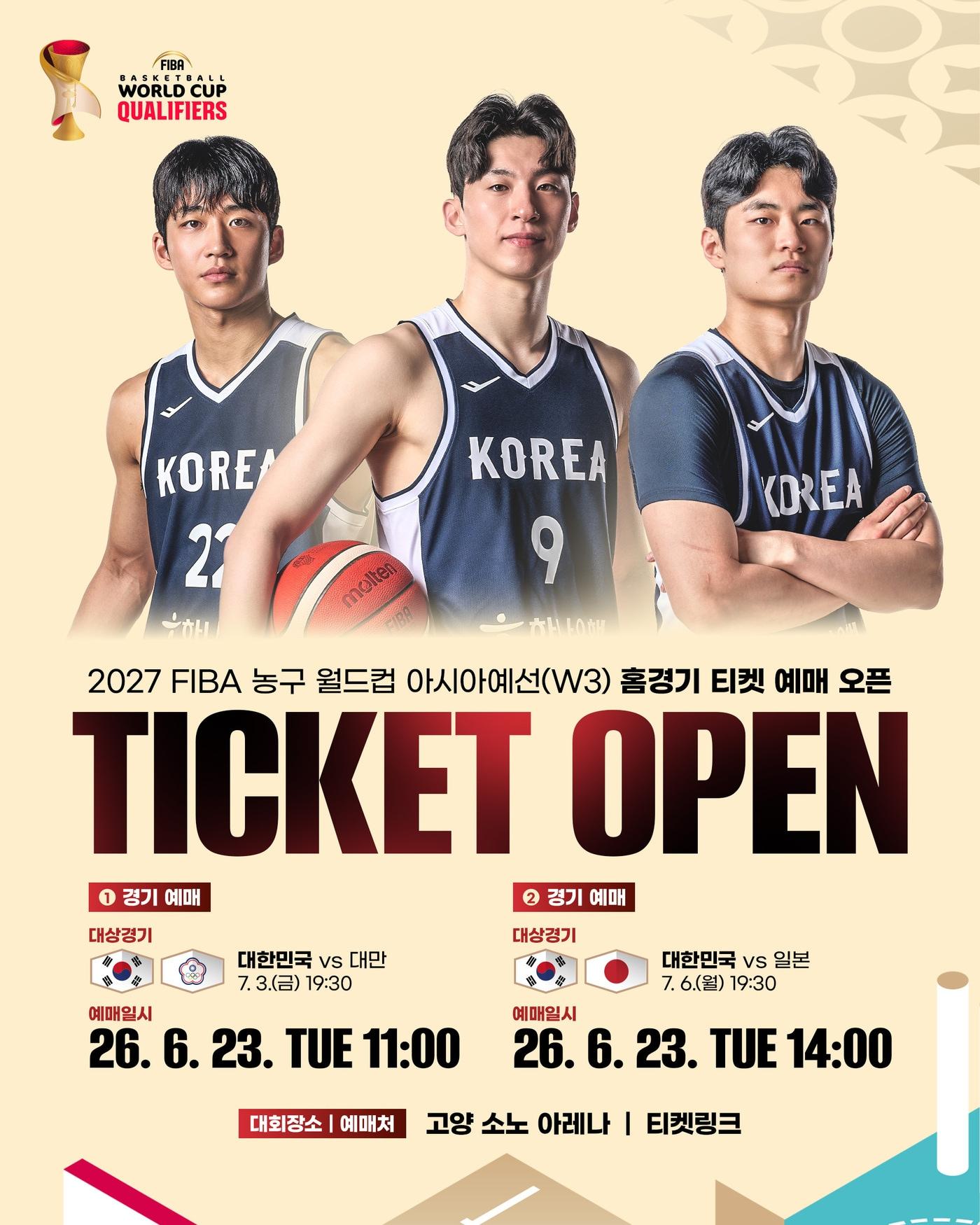 본문 이미지 - 대한민국농구협회는 오는 7월 개최되는 '2027 국제농구연맹(FIBA) 농구 월드컵 아시아예선 윈도우3' 홈경기 티켓 예매를 23일 오픈한다고 22일 밝혔다.(대한민국농구협회 제공)