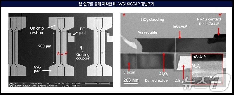 본문 이미지 - 차세대 광변조기의 주사전자현미경 이미지(왼쪽)와 단면 투과전자현미경 이미지(KAIST 제공) /뉴스1