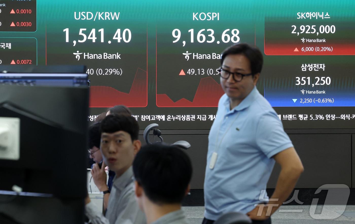 본문 이미지 - 23일 서울 중구 하나은행 본점 딜링룸 전광판에 개장 시황이 나오고 있다.  2026.6.23 ⓒ 뉴스1 김성진 기자