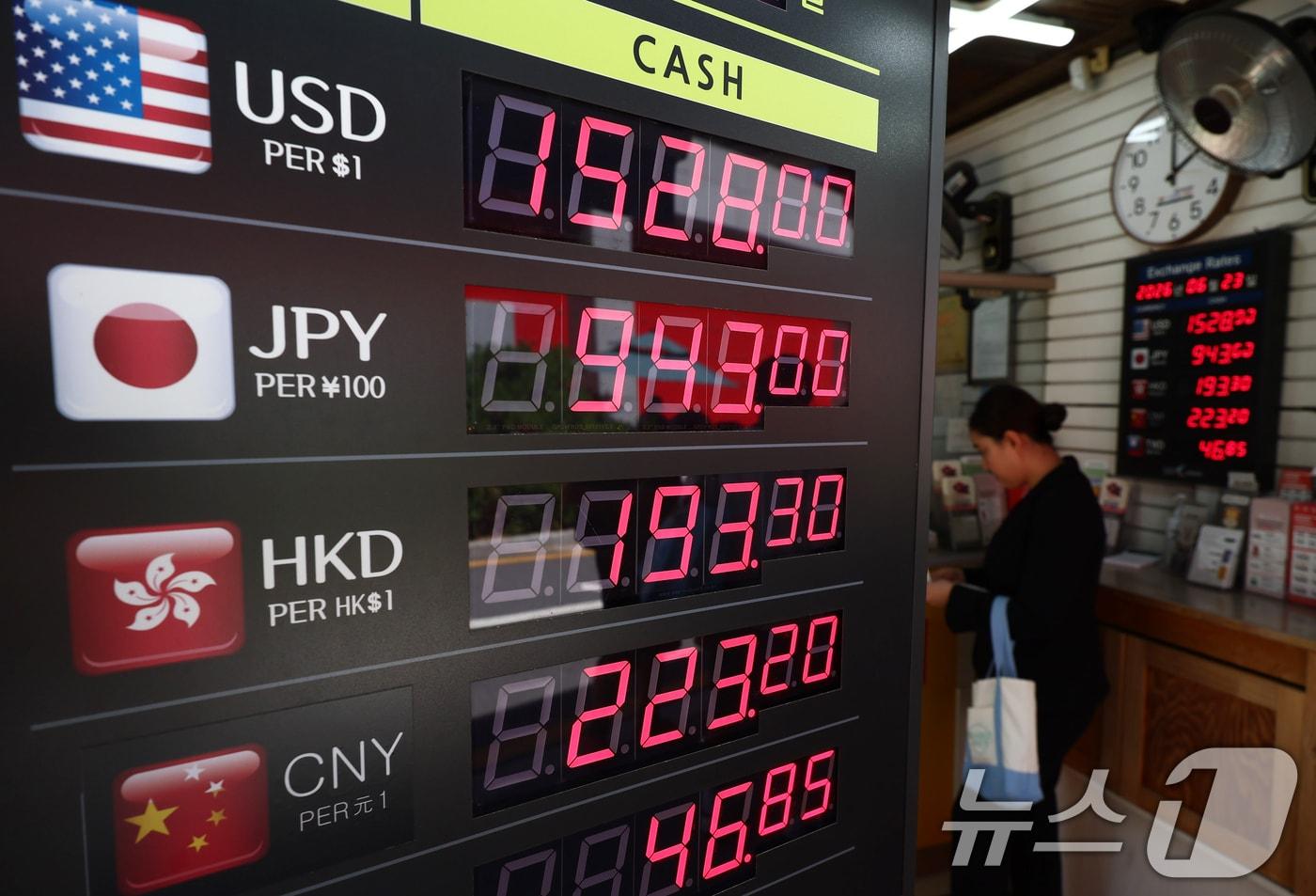 본문 이미지 - 원·달러 환율이 1500원대 중반을 이어가고 있는 23일 오후 서울 중구 명동의 환전소에서 외국인 관광객들이 환전소에서 환전을 하고 있다. 2026.6.23 ⓒ 뉴스1 김민지 기자