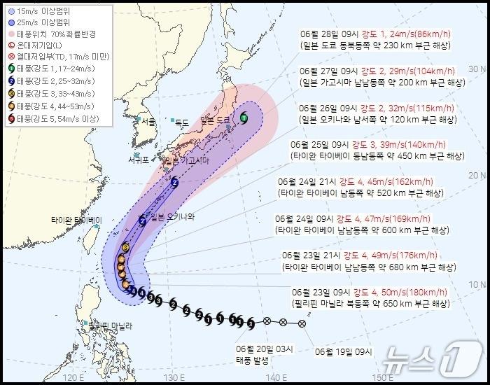 본문 이미지 - 제7호 태풍 '메칼라' 예상 이동 경로. (출처=기상청) 2026.6.23./뉴스1