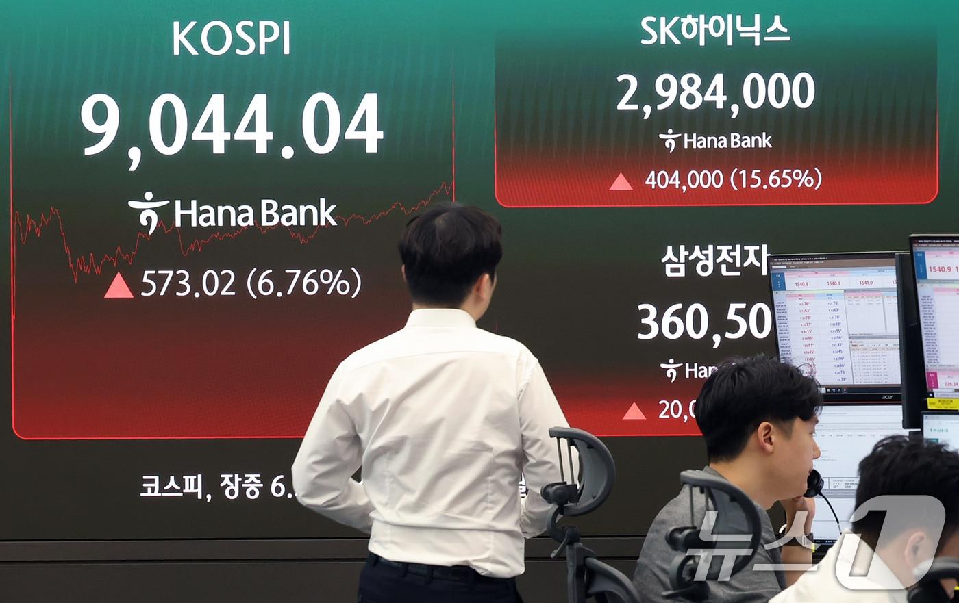 본문 이미지 - 코스피가 6%대 급등하며 9000선을 탈환한 25일 서울 중구 하나은행 본점 딜링룸 전광판에 코스피 지수가 표시되고 있다. 2026.6.25 ⓒ 뉴스1 오대일 기자