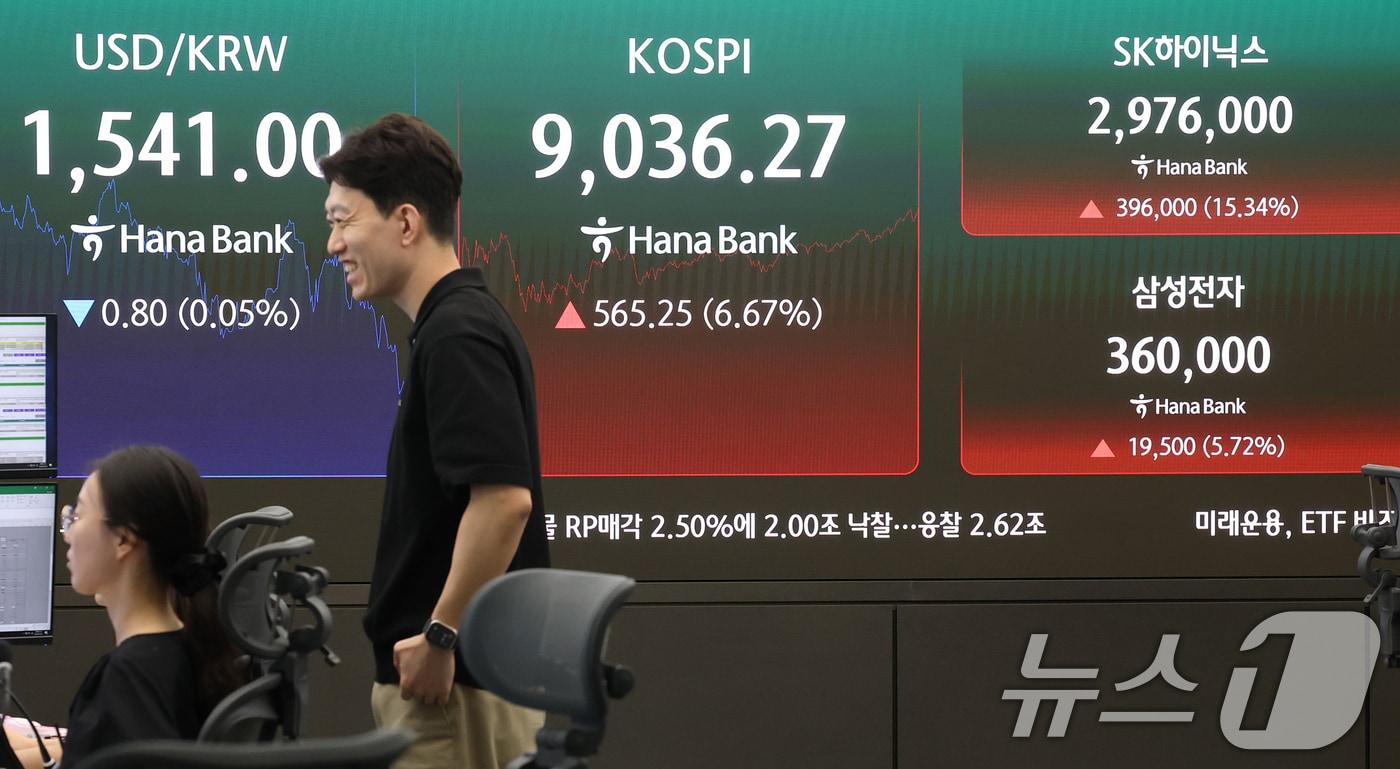 본문 이미지 - 코스피가 6%대 급등하며 9000선을 탈환한 25일 서울 중구 하나은행 본점 딜링룸 전광판에 코스피 지수가 표시되고 있다. 2026.6.25 ⓒ 뉴스1 오대일 기자