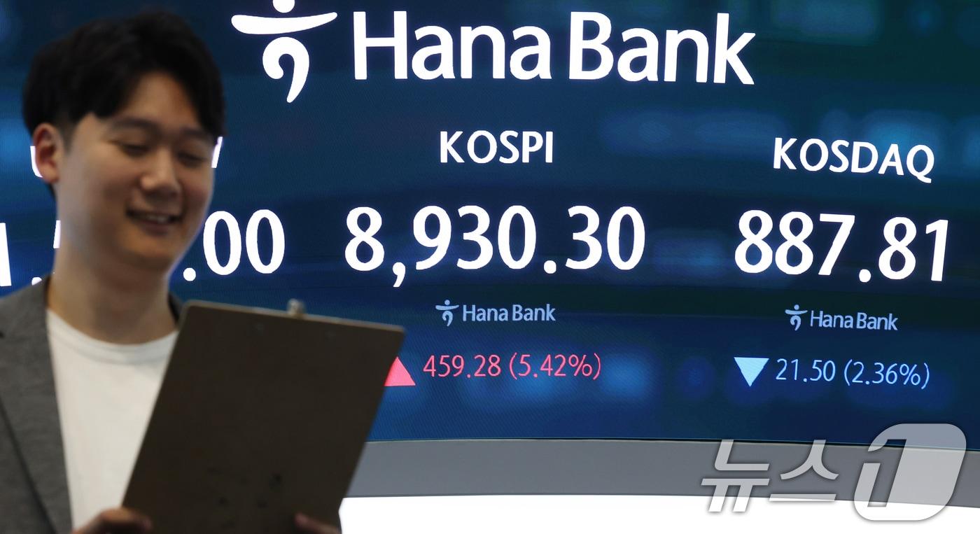본문 이미지 - 코스피가 5%대 급등 마감한 25일 오후 서울 중구 하나은행 본점 딜링룸 전광판에 코스피, 코스닥 종가가 표시되고 있다. 이날 코스피는 전일 대비 459.28p(5.42%) 오른 8930.30, 코스닥은 21.50p(2.36%) 내린 887.81로 장을 마쳤다. 서울외환시장에서 달러·원 환율은 전일오후 3시 30분 주간종가 대비 0.7원 오른 1542.7원에 오후 거래를 마쳤다. 2026.6.25 ⓒ 뉴스1 오대일 기자