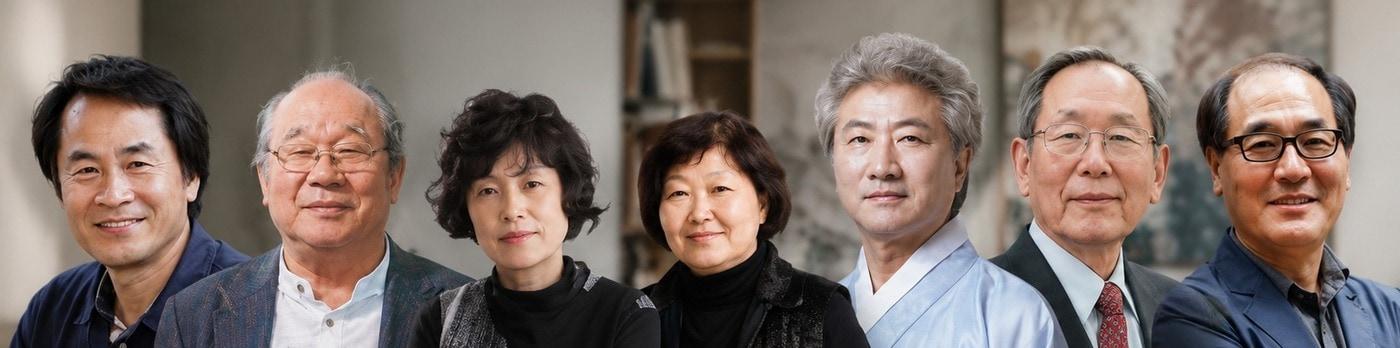 본문 이미지 - 왼쪽부터 문학 이승우, 미술 하종현·원문자·송수련, 음악 임재원, 연극 유민영, 영화 배창호. (사진=대한민국예술원)