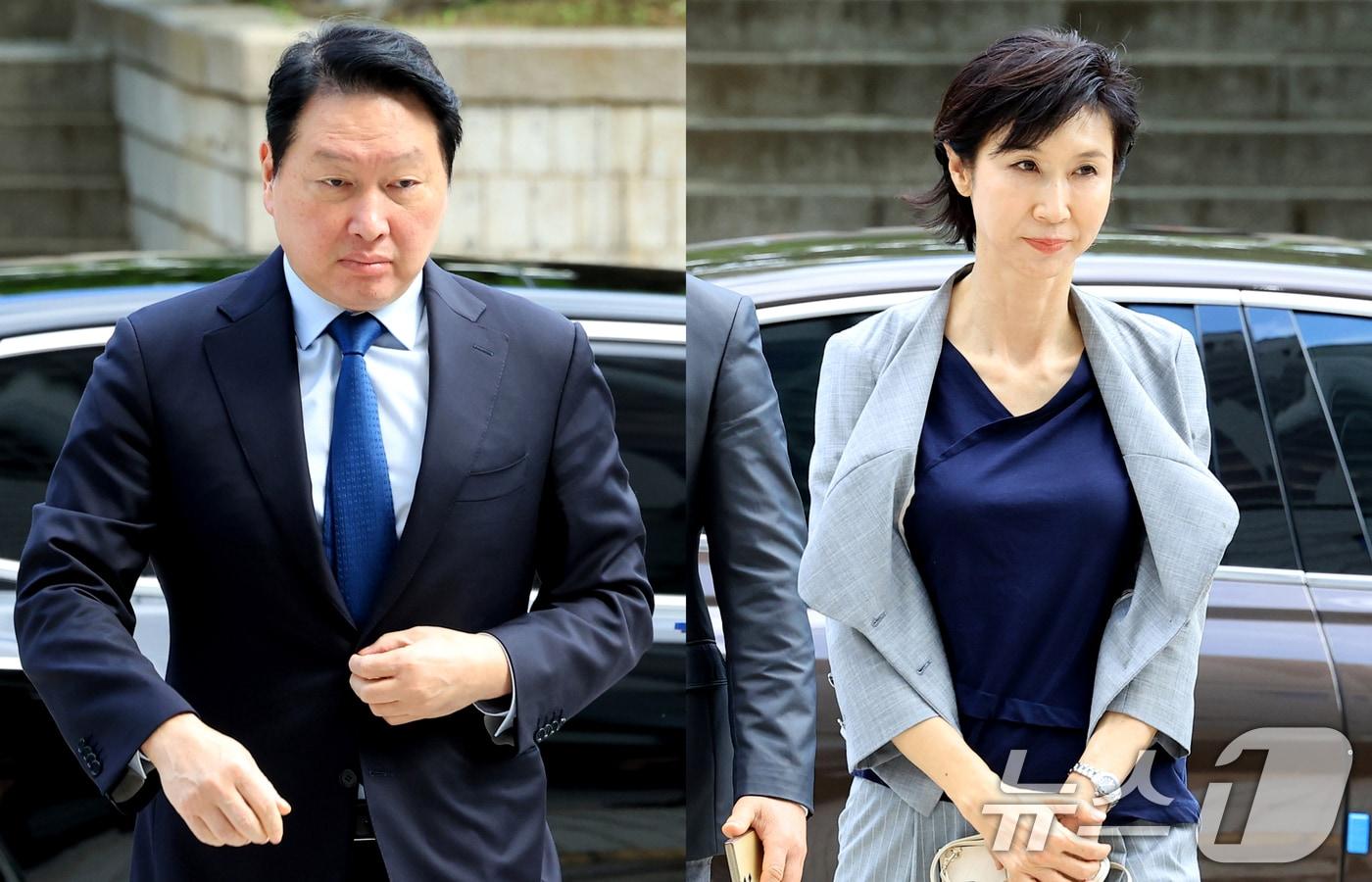 본문 이미지 - 최태원 SK그룹 회장(왼쪽)과 노소영 아트센터 나비 관장이 지난 6월 26일 서울 서초구 서울고등법원에서 열린 파기환송심 2차 변론에 출석하고 있다. 2026.6.26 ⓒ 뉴스1 이호윤 기자