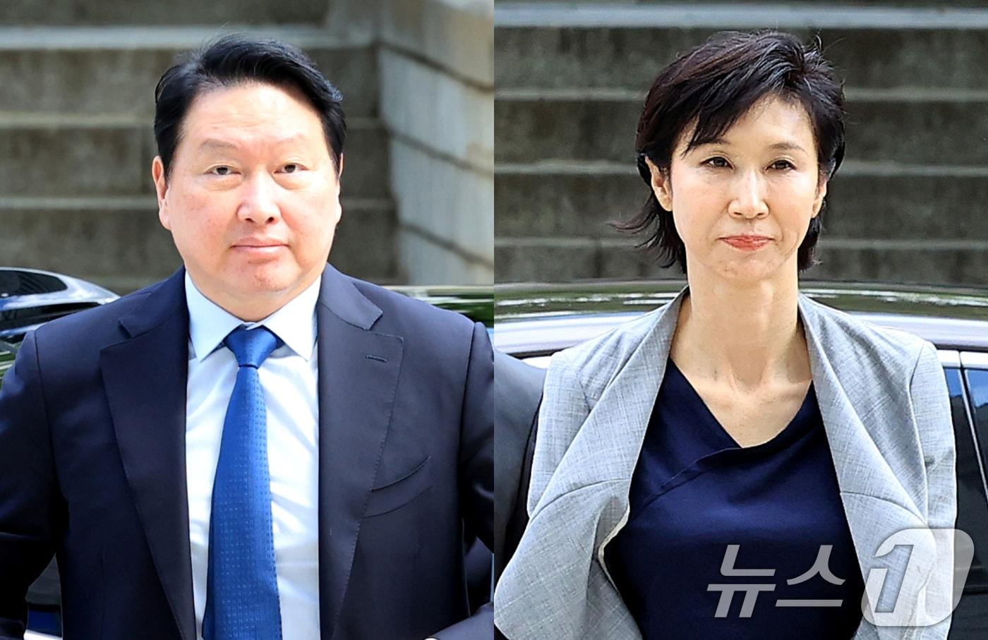 본문 이미지 - 최태원 SK그룹 회장(왼쪽)과 노소영 아트센터 나비 관장이 26일 서울 서초구 서울고등법원에서 열린 파기환송심 2차 변론에 출석하고 있다. 2026.6.26 ⓒ 뉴스1 이호윤 기자