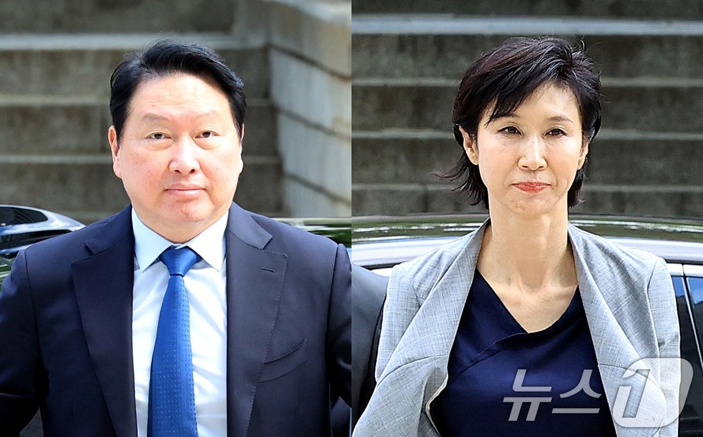 본문 이미지 - 최태원 SK그룹 회장과 노소영 아트센터 나비 관장이 26일 서울 서초구 서울고등법원에서 열린 파기환송심 2차 변론에 출석하고 있다. ⓒ 뉴스1 이호윤 기자