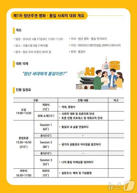 본문 이미지 - 통일부는 지난 9일 출범한 '청년 평화·통일 연석회의'가 27일 서울시청 8층 다목적홀에서 '제1차 청년 주권 평화·통일 사회적 대화'를 개최한다고 26일 밝혔다.(통일부 제공).