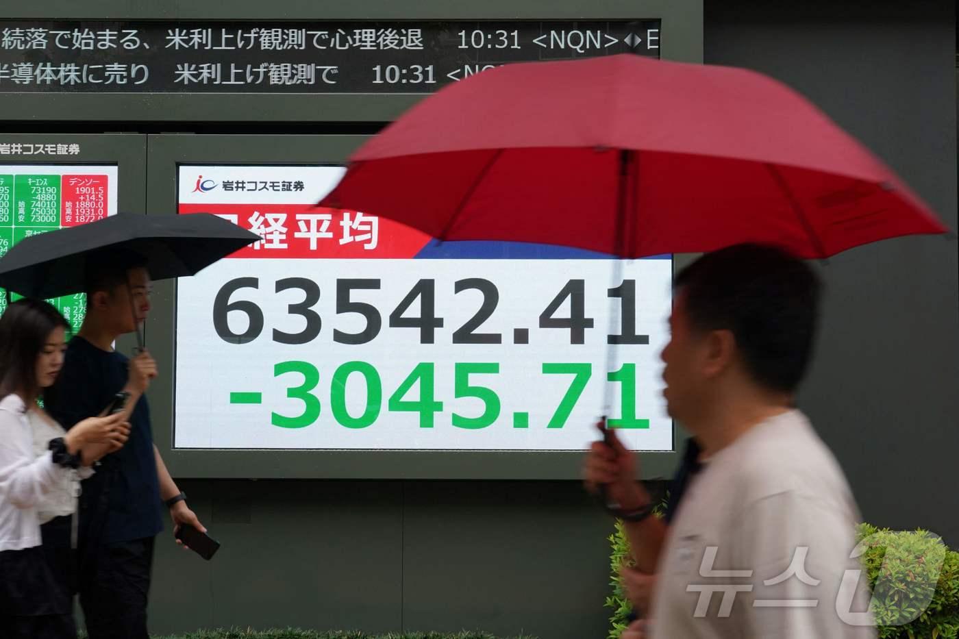 본문 이미지 - 일본 도쿄 거리에서 시민들이 2026년 6월 8일 도쿄증권거래소의 닛케이225 평균주가를 표시한 전광판 앞을 지나가고 있다. ⓒ AFP=뉴스1