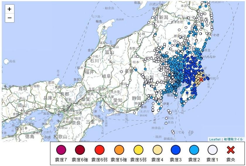 본문 이미지 - 26일 낮 12시 46분쯤 일본 지바현 북동부에서 규모 5.8의 지진이 발생했다. (일본 기상청 홈페이지 캡처)
