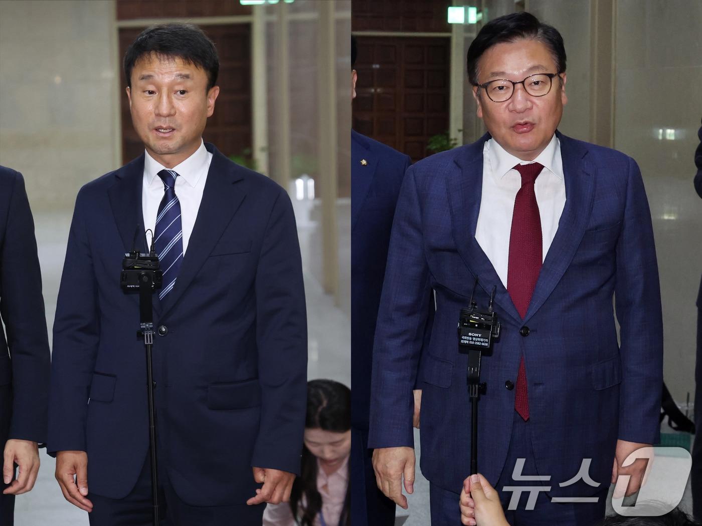 본문 이미지 - 한병도 더불어민주당 원내대표(왼쪽)과 정점식 국민의힘 원내대표가 26일 오후 서울 여의도 국회에서 원 구성 협상을 위한 여야 원내대표 회동을 마치고 취재진 질문에 답하고 있다. 2026.6.26 ⓒ 뉴스1 황기선 기자