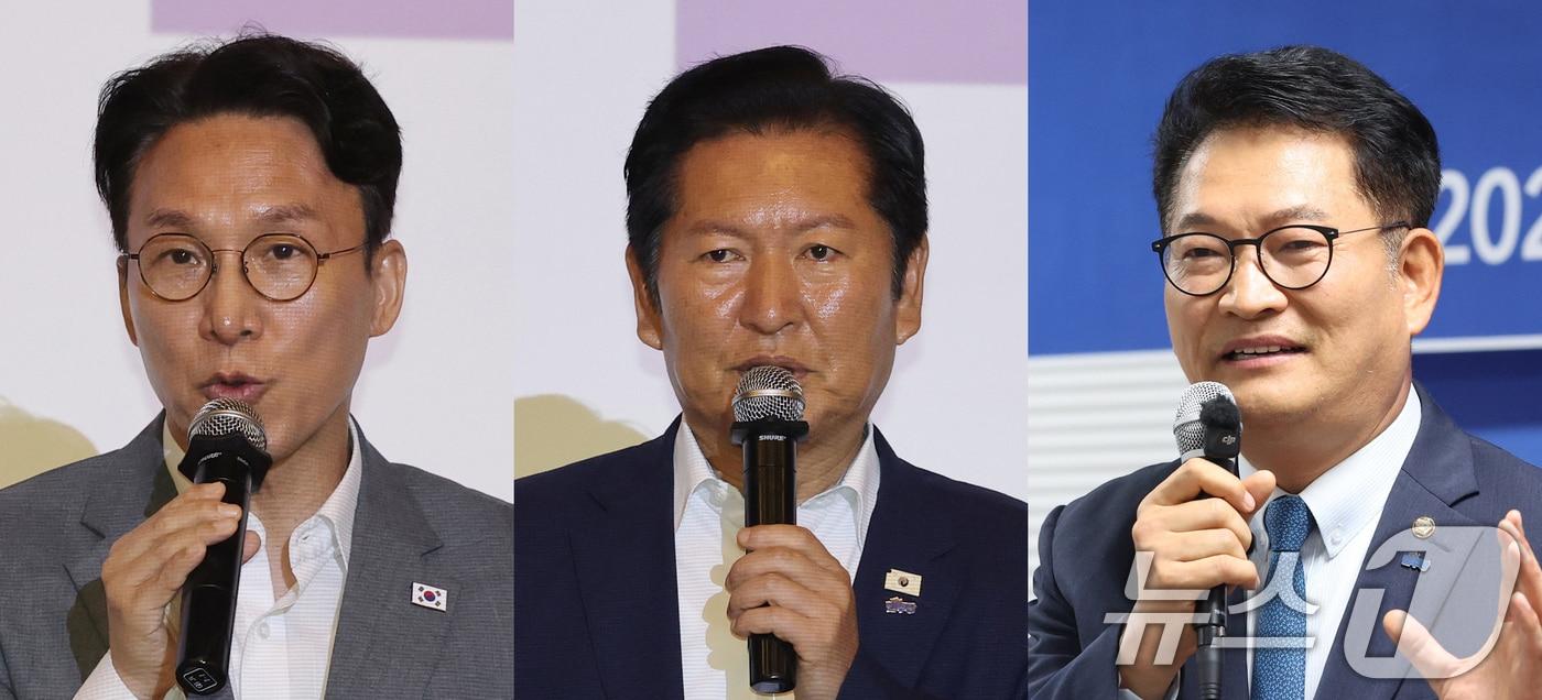 본문 이미지 - 더불어민주당 8·17 전당대회 주요 당권 주자들이 28일 일제히 청년 당심 공략에 나섰다. 사진은 이날 경기 광주 곤지암리조트에서 열린 민주당 청년 당선인 워크숍에 참석해 축사하는 김민석 총리와 정청래 전 대표, 전주에서 열린 '국가비전 민주당 전북평당원 타운홀미팅'에서 발언하는 송영길 의원. (공동취재) 2026.6.28 ⓒ 뉴스1 오대일 기자,유경석 기자