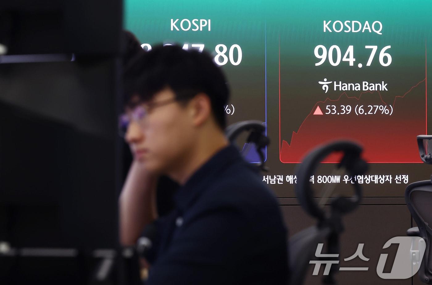 본문 이미지 - 코스닥 매수 사이드카가 발동한 29일 오전 서울 중구 하나은행 딜링룸 전광판에 코스닥이 6% 넘게 급등세를 보이고 있다. 2026.6.29 ⓒ 뉴스1 김민지 기자
