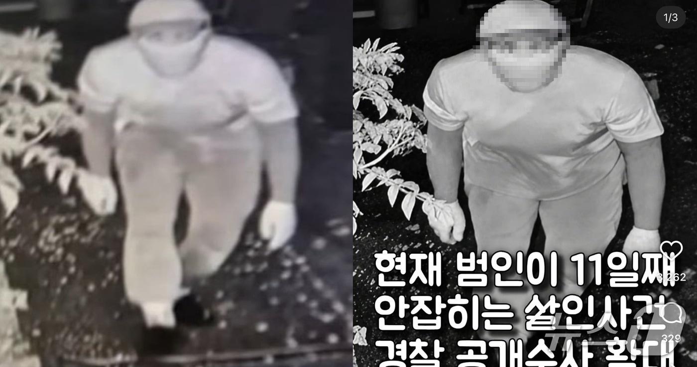 본문 이미지 - 왼쪽은 사건 초기 공개된 폐쇄회로(CC)TV 사진. 오른쪽은 SNS에 올라온 합성 추정 사진.(온라인 커뮤니티 갈무리. 재판매 및 DB금지)