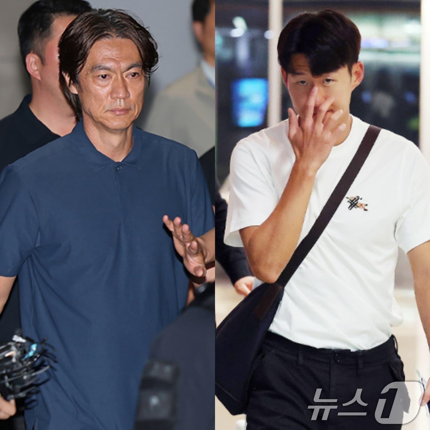 본문 이미지 - 2026 북중미 월드컵 32강 진출 실패의 책임을 지고 사퇴 의사를 밝힌 홍명보 축구대표팀 감독(왼쪽)이 30일 새벽 인천국제공항 2터미널을 통해 입국해 이동하고 있다. 오른쪽은 축구국가대표팀 손흥민이 29일(현지시간) 미국 로스앤젤레스 국제공항에서 귀국하는 비행기에 오르고 있는 모습. 홍 감독과 따로 귀국길에 오른 손흥민은 1일 귀국 예정이다. 2026.6.30 ⓒ 뉴스1 안은나 기자,임세영 기자