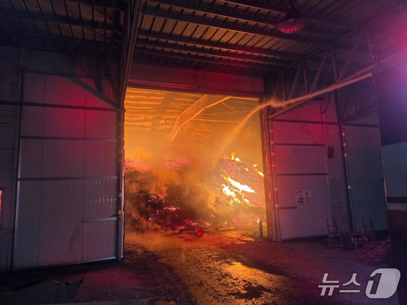 본문 이미지 - 4일 오전 2시 41분께 전북 군산시 오식도동의 한 폐목재 가공 공장에서 불이 났다.(전북소방본부 제공. 재판매 및 DB금지)