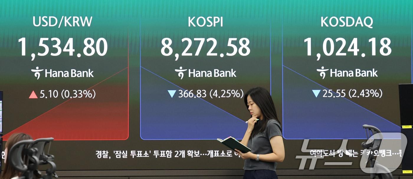 본문 이미지 - 코스피 지수가 급락한 5일 서울 중구 하나은행 딜링룸 전광판에 장초반 시황이 나타나고 있다. 2026.6.5 ⓒ 뉴스1 박지혜 기자