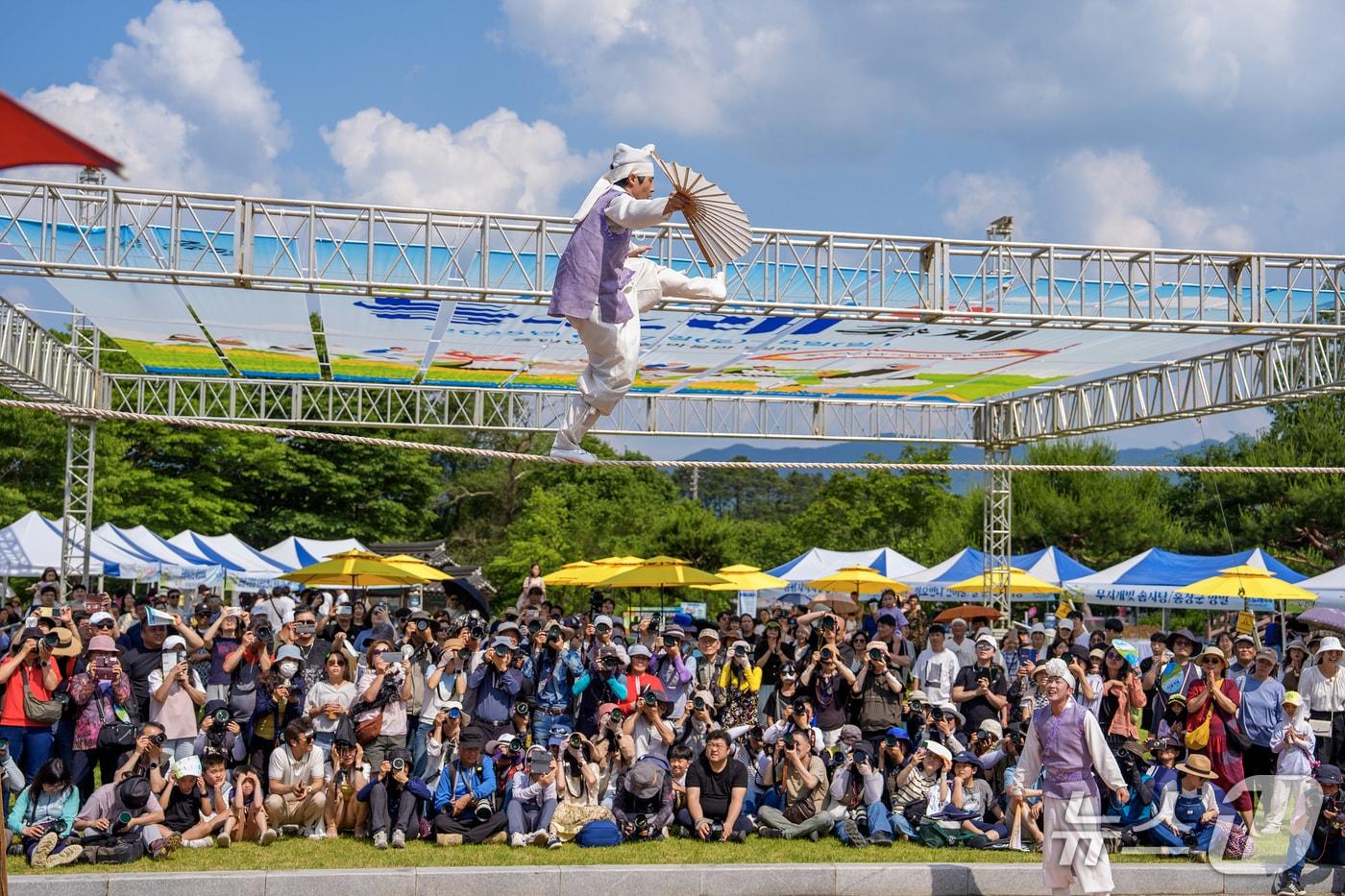 본문 이미지 - 증평들노래축제 줄타기 공연 모습.(증평군 제공. 재판매 및 DB금지)/뉴스1