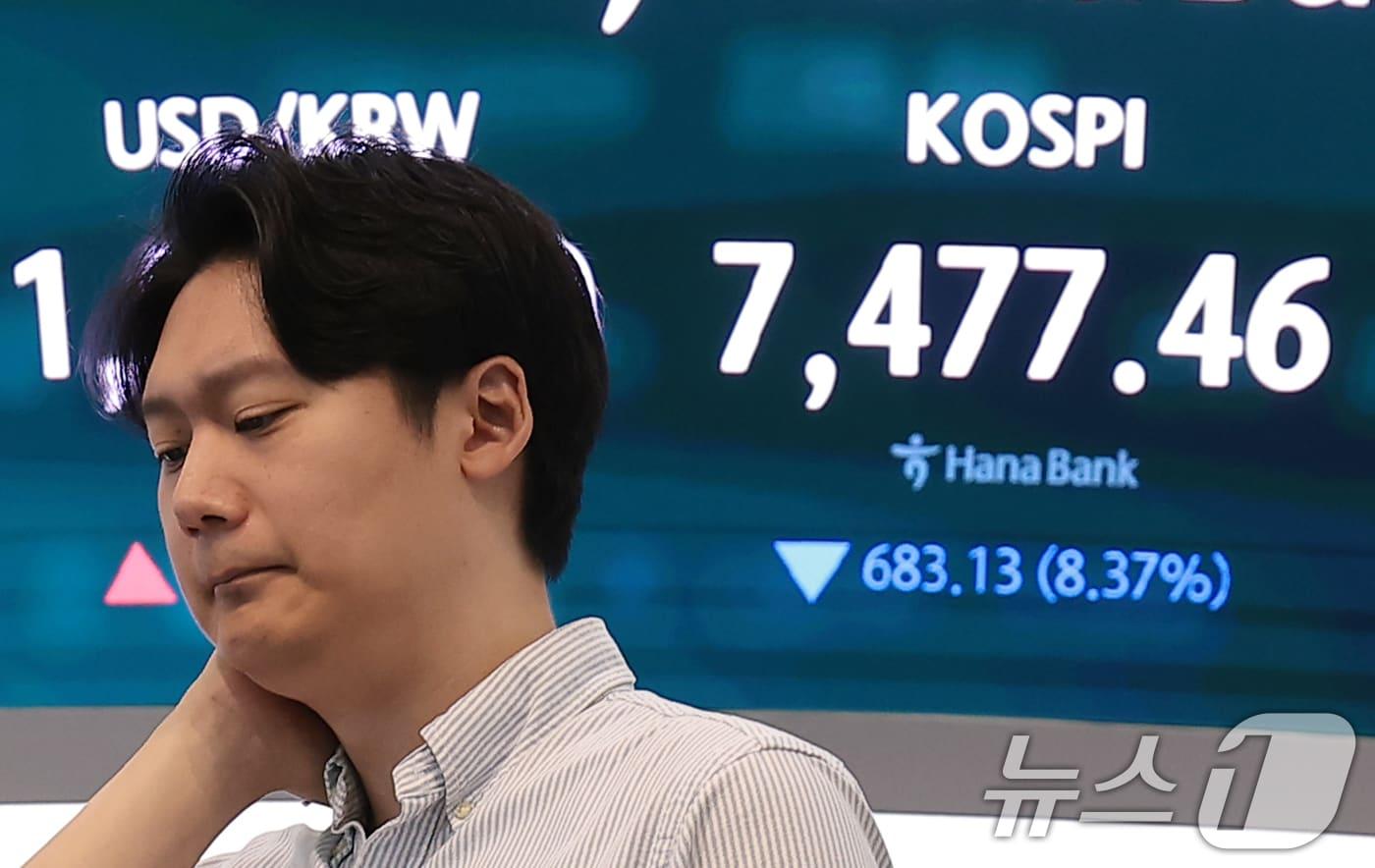 본문 이미지 - 코스피 지수가 하락 출발한 8일 서울 중구 하나은행 딜링룸 전광판에 장초반 시황이 나타나고 있다. 이날 코스피는 개장과 함께 8% 폭락해 8000선이 붕괴되며 서킷 브레이커가 발동됐다. 2026.6.8 ⓒ 뉴스1 권현진 기자