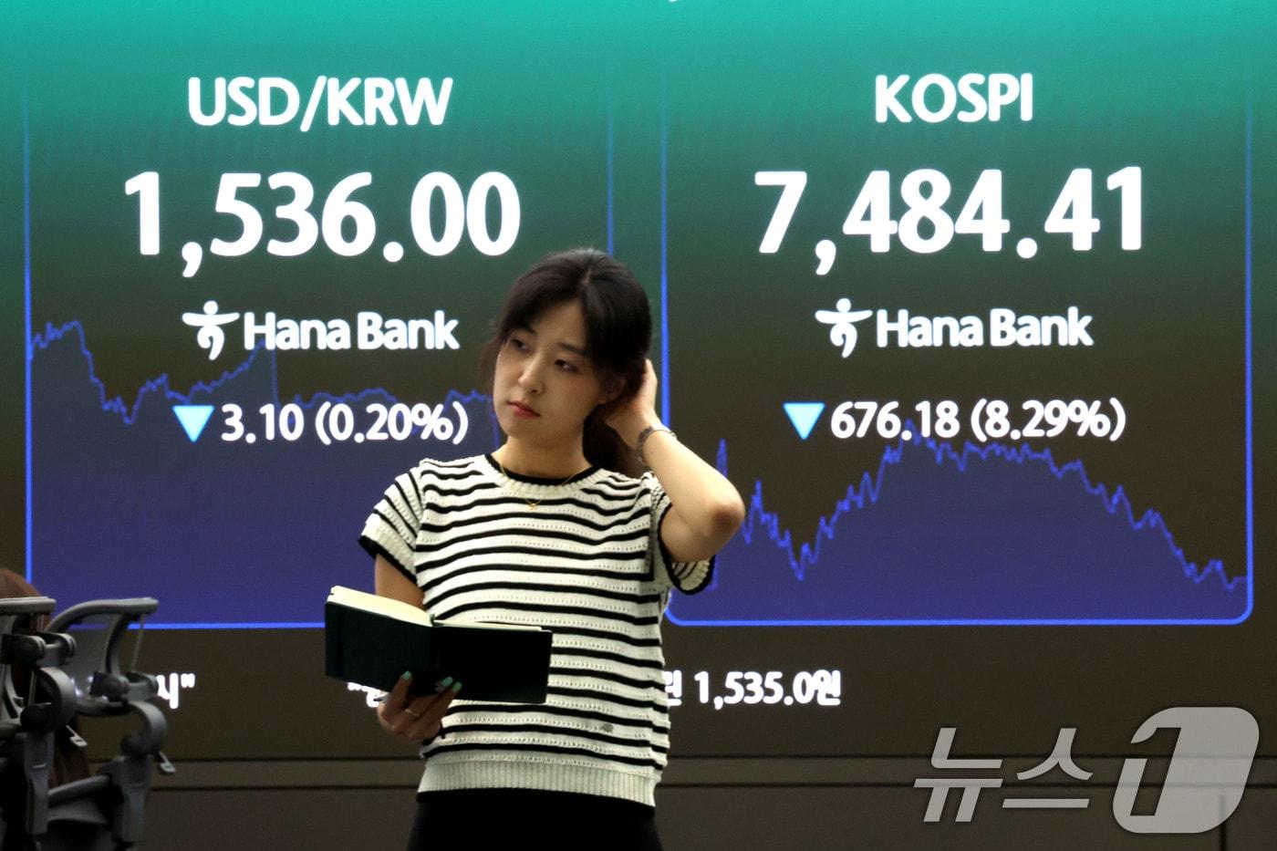 본문 이미지 - 코스피 지수가 8%넘게 폭락 마감한 8일 오후 서울 중구 하나은행 딜링룸 현황판에 전장대비 676.18포인트(8.29%) 하락한 7.484.41을 나타내고 있다.  2026.6.8 ⓒ 뉴스1 이광호 기자