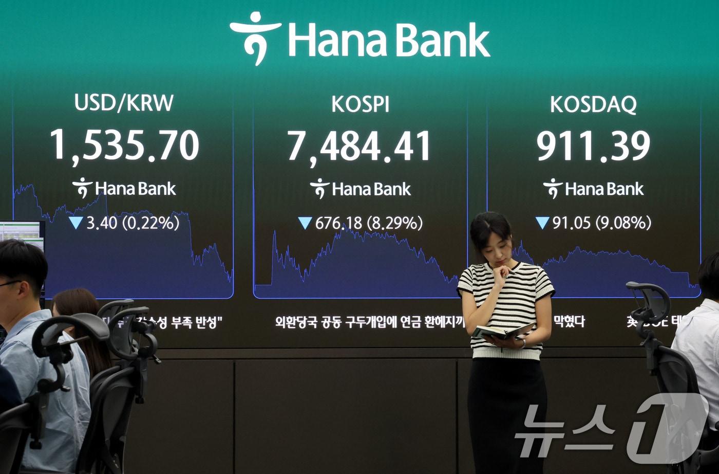 본문 이미지 - 코스피 지수가 8%넘게 폭락 마감한 8일 오후 서울 중구 하나은행 딜링룸 현황판에 전장대비 676.18포인트(8.29%) 하락한 7.484.41을 나타내고 있다. 2026.6.8 ⓒ 뉴스1 이광호 기자