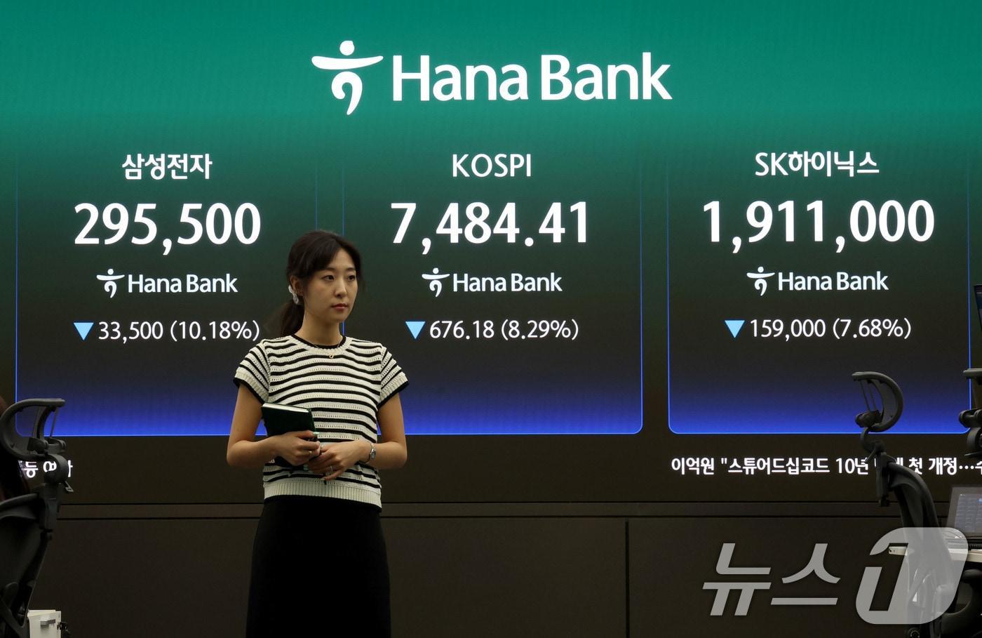 본문 이미지 - 코스피 지수가 8%넘게 폭락 마감한 8일 오후 서울 중구 하나은행 딜링룸 현황판에 전장대비 676.18포인트(8.29%) 하락한 7.484.41을 나타내고 있다. 2026.6.8 ⓒ 뉴스1 이광호 기자