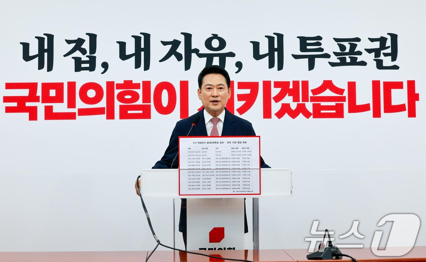 본문 이미지 - 장동혁 국민의힘 대표가 9일 오전 서울 여의도 국회에서 6·3지방선거 관내 사전투표 결과 관련 기자회견을 하고 있다. 2026.6.9 ⓒ 뉴스1 안은나 기자