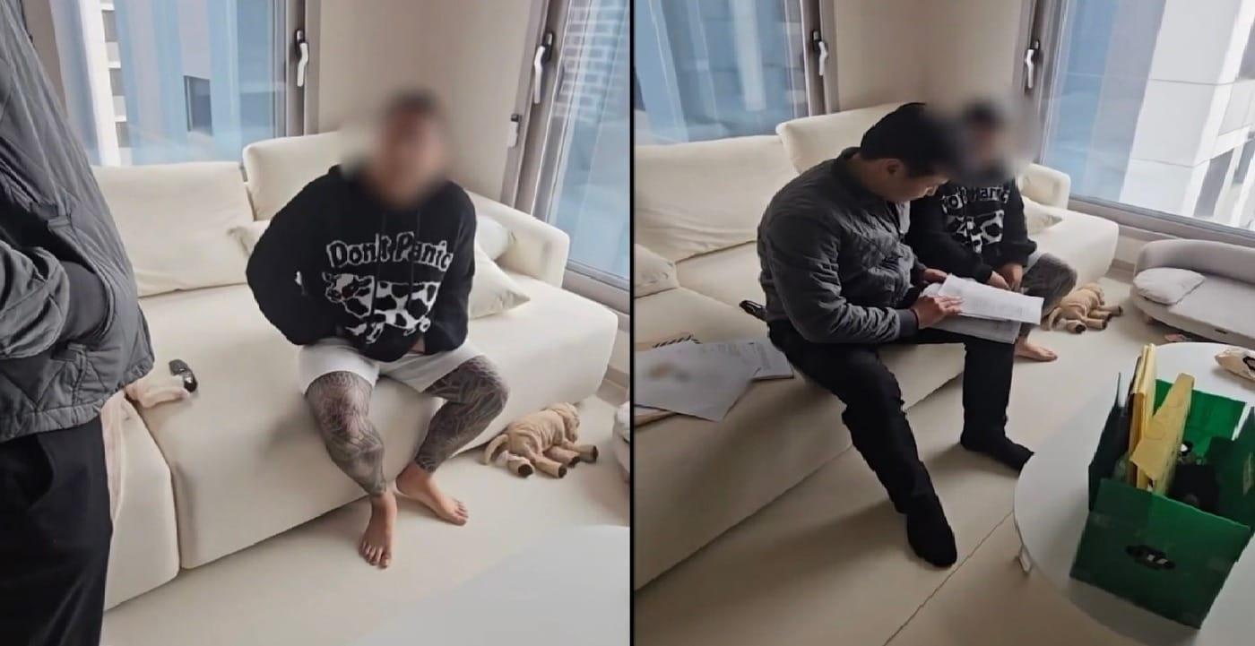 본문 이미지 - 경찰이 자택에서 불법사금융 조직 총책 J 씨(28)에 대한 체포영장을 집행하는 모습. (서울경찰청 제공. 재판매 및 DB금지)